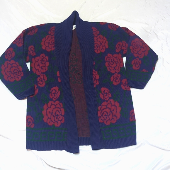 Vintage Carriage Court USA Made Long Line Open Front Navy Rose Floral Cardigan - Picture 1 of 9